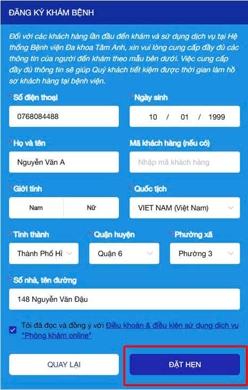 đặt lịch phòng khám online bước 9