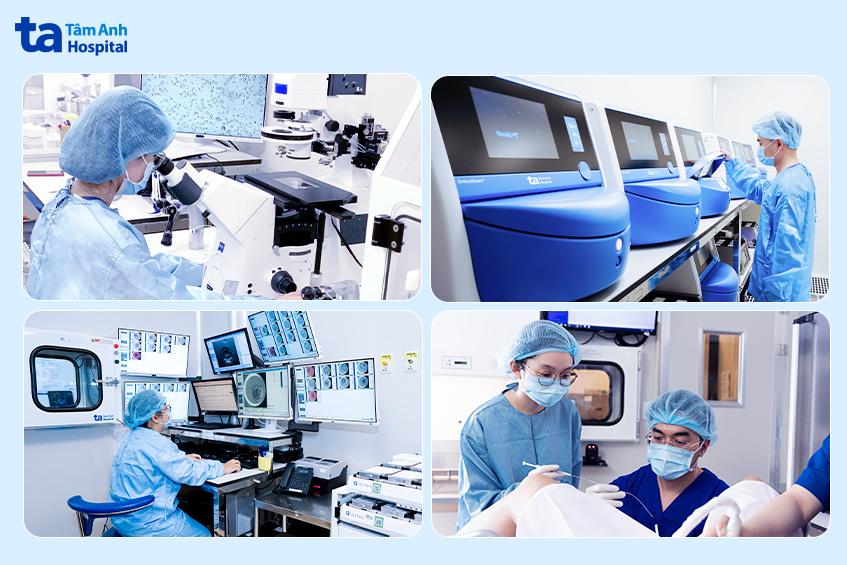 Quá trình làm thụ tinh ống nghiệm, tạo phôi và nuôi cấy trong phòng lab dùng ứng dụng trí tuệ nhân tạo AI để đánh giá, chọn lọc