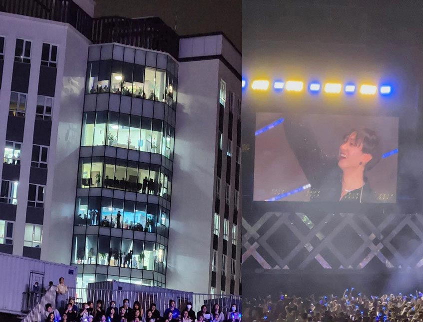 Hình bên phải: Eunhyuk vẫy tay chào các ELF đang quẩy cuồng nhiệt từ 7 tầng Nội trú, bệnh viện Tâm Anh TP.HCM