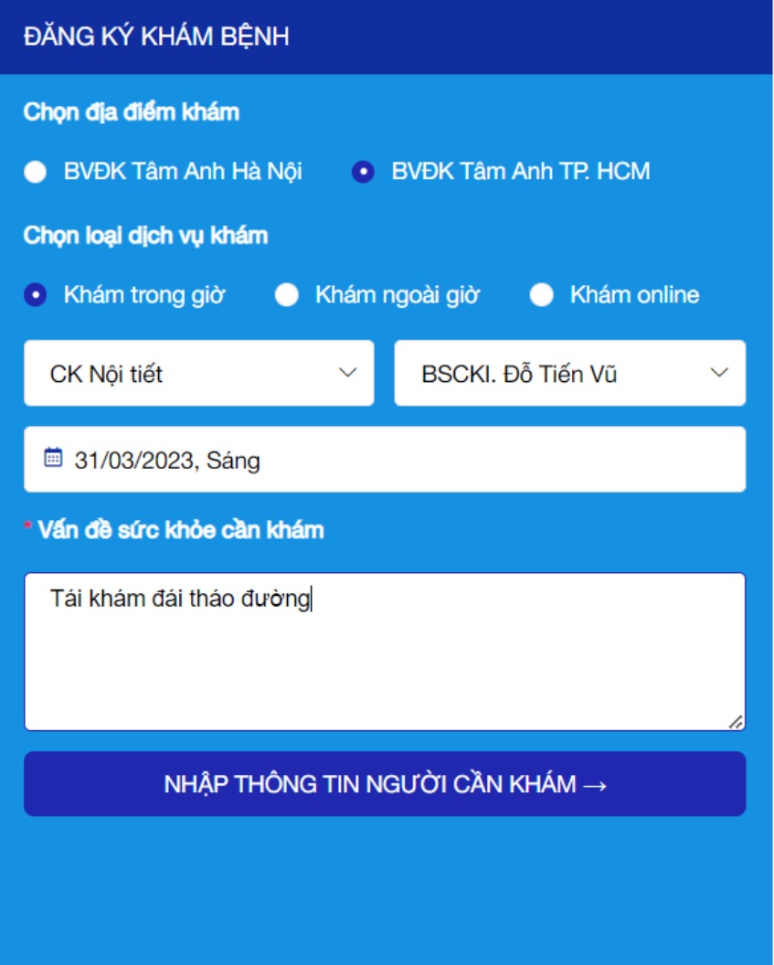 Đặt lịch khám nội tiết trên website bước 2.2