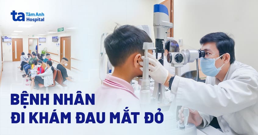 Bệnh nhân mang khẩu trang, kính râm đi khám mắt đỏ