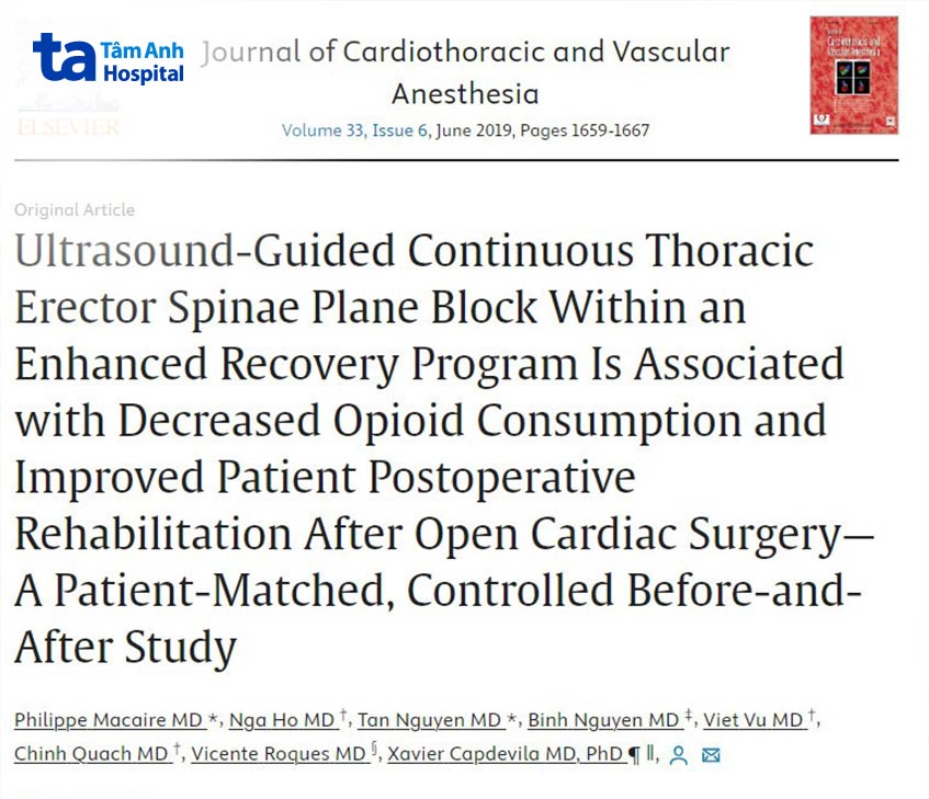 Nghiên cứu của bác sĩ Hồ Thị Xuân Nga được đăng trên tạp chí y học J Cardiothorac Vasc Anesth tháng 6/2019