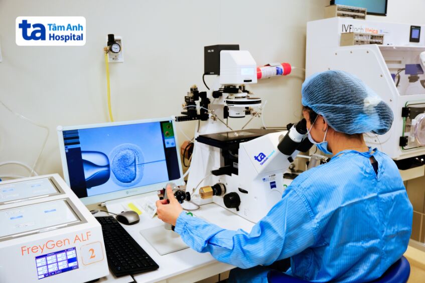 chuyên viên phôi học tiêm tinh trùng vào bào tương noãn