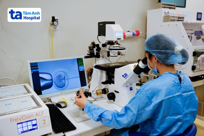 Chuyên viên phôi học thao tác tiêm tinh trùng vào bào tương noãn ICSI