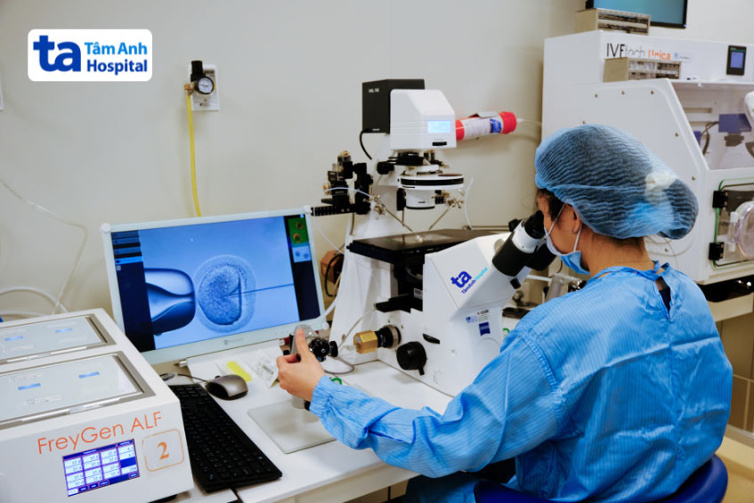 Chuyên viên Phôi học thực hiện kỹ thuật tiêm tinh trùng vào bào tương noãn ICSI