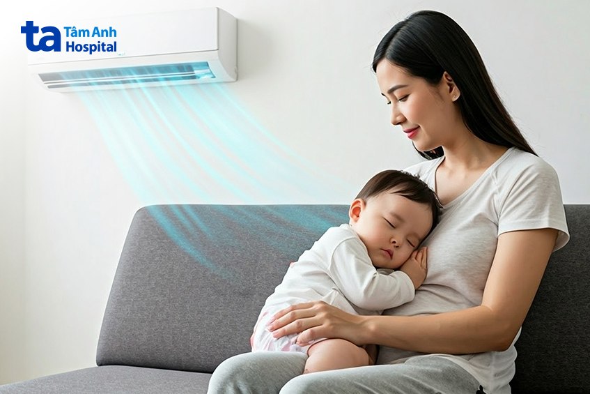 điều hòa giúp làm mát không khí, giảm bớt sự khó chịu cho bé