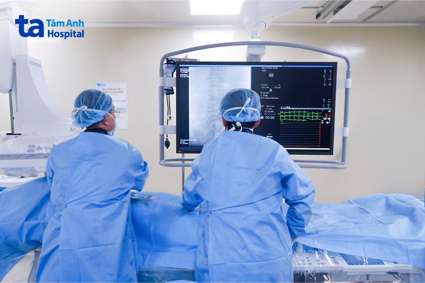 Bác sĩ Dũng (trái) cùng ê kíp đặt stent graft động mạch chậu cho bệnh nhân