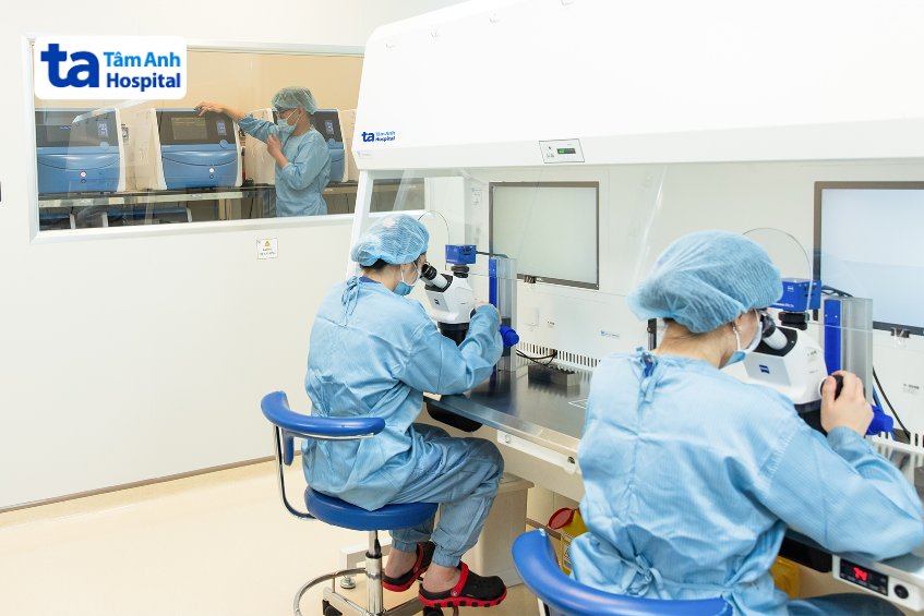 Chuyên viên phôi học thực hiện các kỹ thuật chuyên sâu bên trong hệ thống phòng “lab-trong-lab” siêu sạch ISO 5