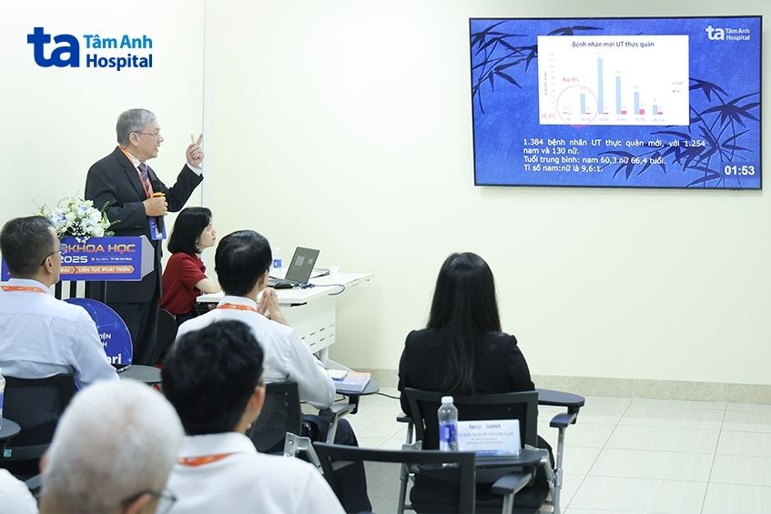 Phó giáo sư Hùng Cường báo cáo tình trạng ung thư thực quản tại Hội nghị.