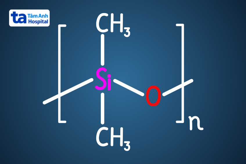 Cấu trúc phân tử hóa học của dimethicone trên nền xanh, biểu diễn dạng polymer