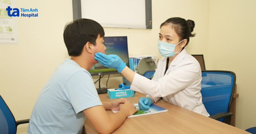 bác sĩ kiểm tra da cho người bệnh