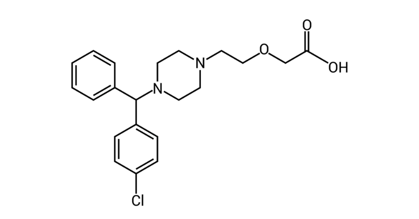 Công thức cấu tạo phân tử của hoạt chất cetirizine trên nền trắng