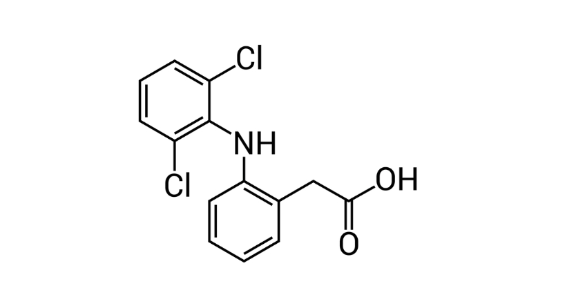 Cấu trúc hóa học của diclofenac dạng đồ họa trên nền trắng