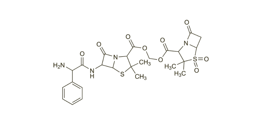 Cấu trúc phân tử hóa học của sultamicillin, gồm ampicillin kết hợp với sulbactam