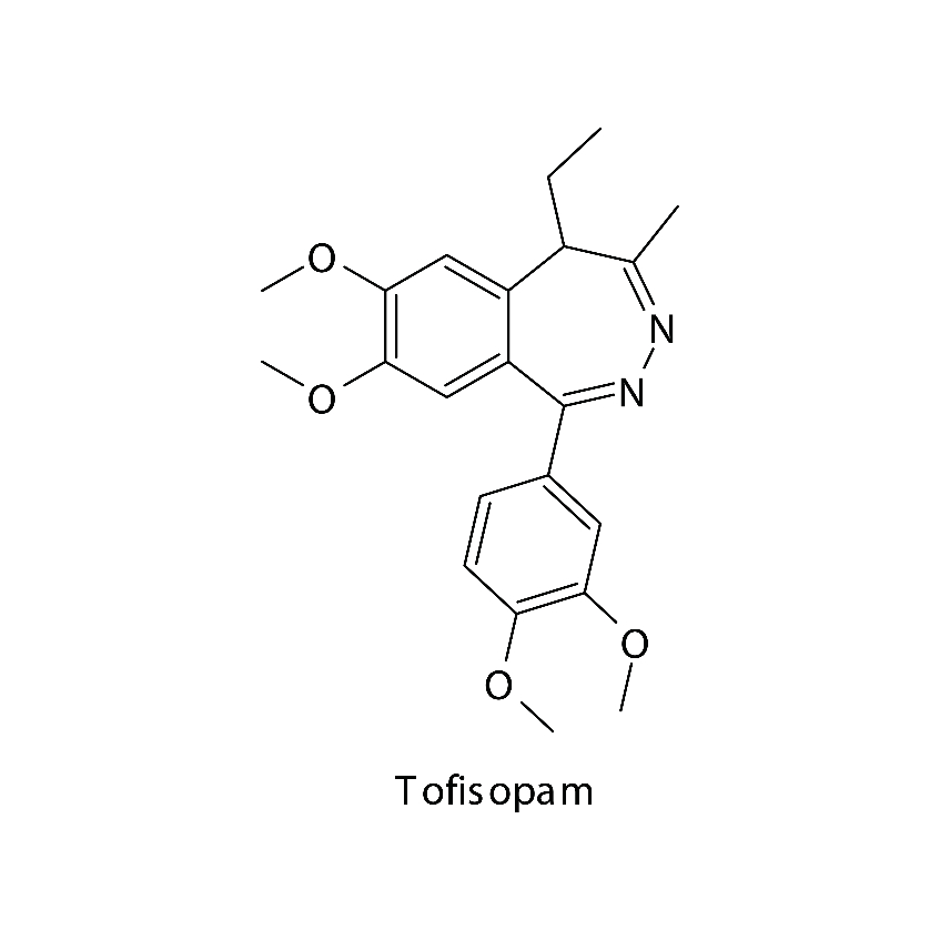 Công thức phân tử của thuốc tofisopam được hiển thị dưới dạng sơ đồ hóa học