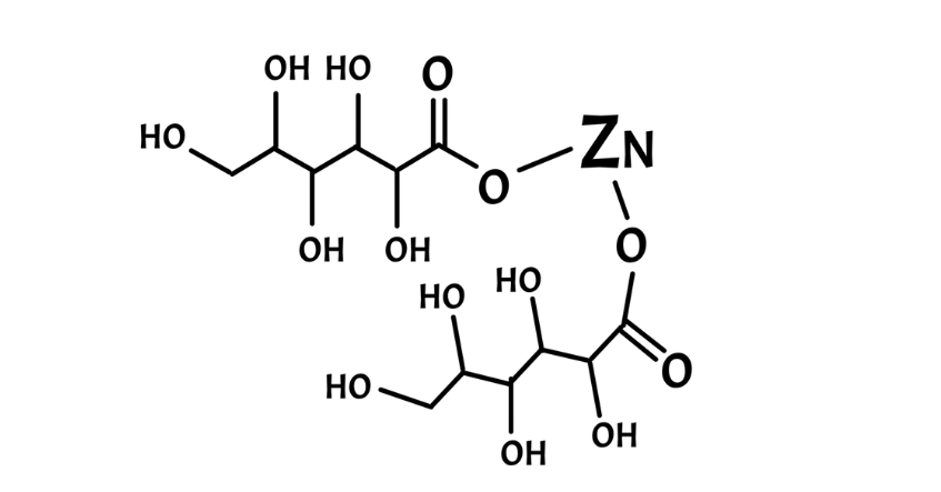 Cấu trúc phân tử hóa học của zinc gluconate minh họa liên kết giữa kẽm và gluconat.