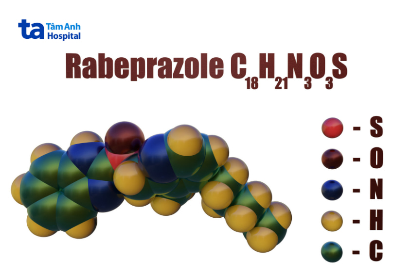 Mô hình phân tử 3D của thuốc rabeprazole với cấu trúc nguyên tố chi tiết