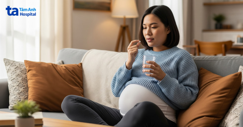 Phụ nữ mang thai ngồi uống thuốc hỗ trợ nội tiết tố