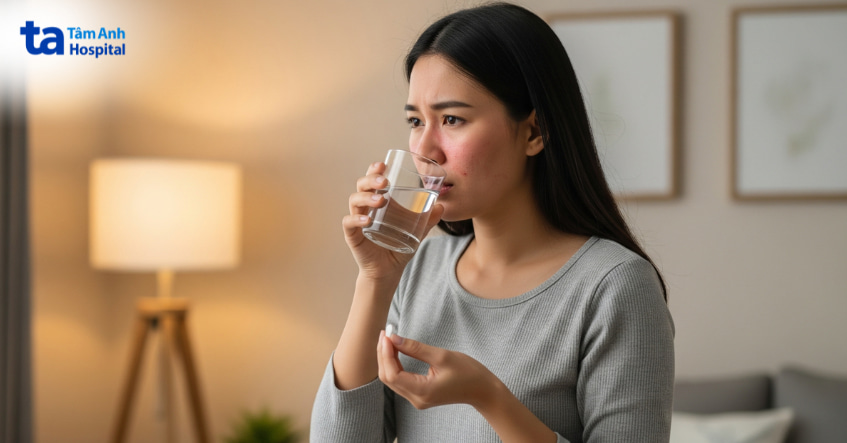 Người phụ nữ bị dị ứng đang uống thuốc với vẻ mặt khó chịu trong phòng ngủ