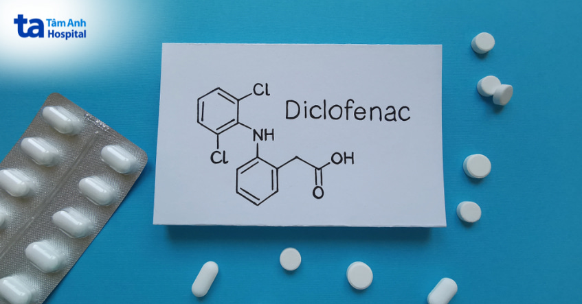 Viên nén diclofenac và cấu trúc phân tử trên nền xanh, thuốc chống viêm