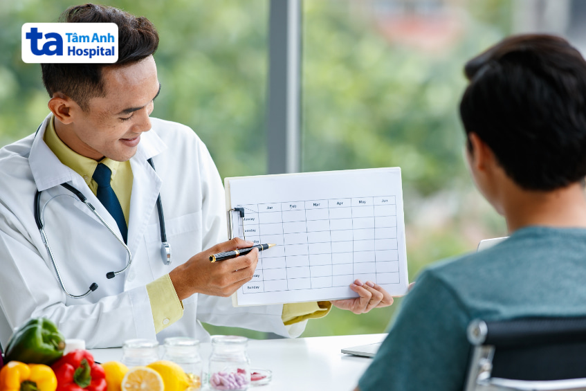 Bác sĩ đang tư vấn thực đơn ăn uống cho bệnh nhân tiểu đường với biểu đồ kế hoạch chi tiết