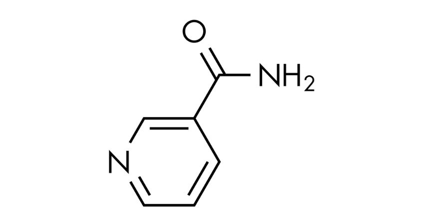 Công thức cấu tạo phân tử của niacinamide, còn gọi là vitamin B3, trong nghiên cứu hóa học.