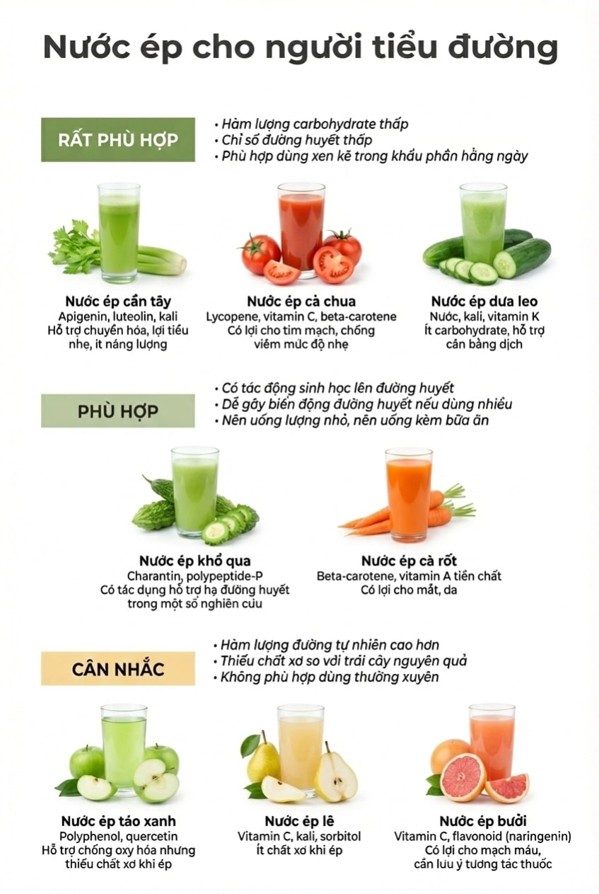 Infographic các loại nước ép phù hợp cho người tiểu đường như cà chua, cần tây, khổ qua