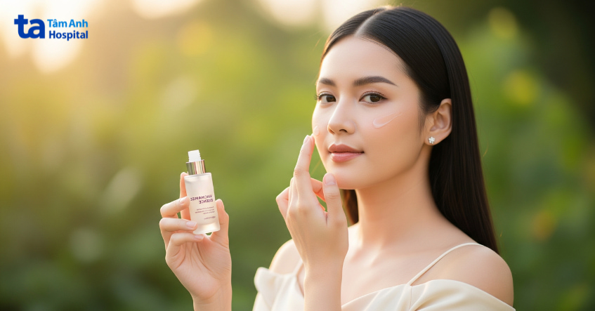 Người phụ nữ thoa serum dưỡng da chứa niacinamide giúp sáng da và cải thiện kết cấu da.