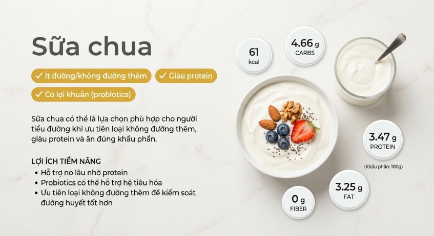 Thông tin dinh dưỡng và lợi ích của sữa chua cho người tiểu đường, giàu protein, ít đường