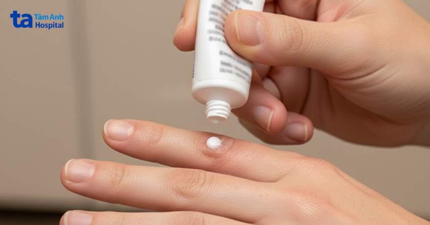 Người dùng đang thoa thuốc Clotrimazole điều trị nấm trên ngón tay một cách cẩn thận