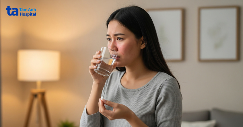 Phụ nữ uống viên bổ sung và nước, biểu cảm lo lắng do gặp vấn đề da hoặc sức khỏe.