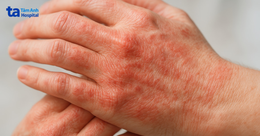 Vùng da mu bàn tay bị viêm đỏ, bong tróc do viêm da dị ứng, thường được điều trị bằng kem betamethasone