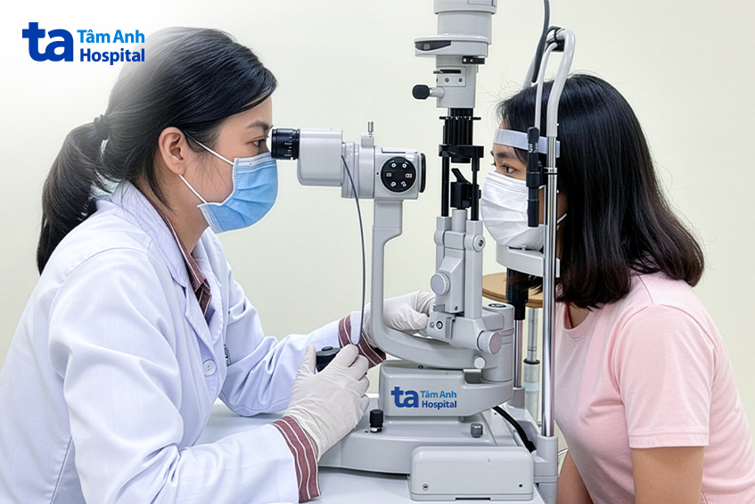 bác sĩ Nhi khám mắt cho chị Khánh bằng đèn khe, giúp phát hiện các tổn thương nhỏ mà mắt thường không thấy được