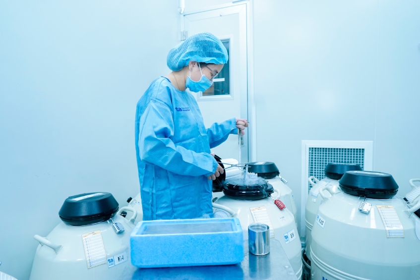 Trứng của Hạnh sau chọc hút được trữ đông trong bình ni tơ lỏng -196 độ C, được ví von như “kén thời gian”