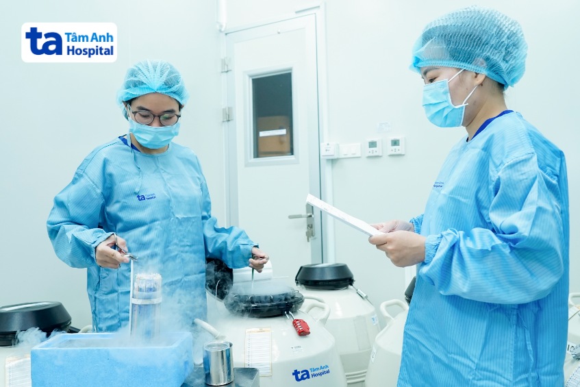 Chuyên viên phôi học thực hiện kỹ thuật thủy tinh hóa trong trữ đông phôi cho người bệnh