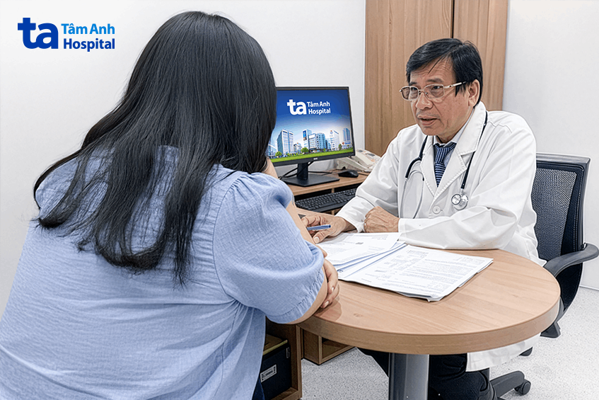 TS.BS Lâm Văn Hoàng tư vấn liệu trình giảm cân cho chị Giang. Ảnh: Bệnh viện Đa khoa Tâm Anh