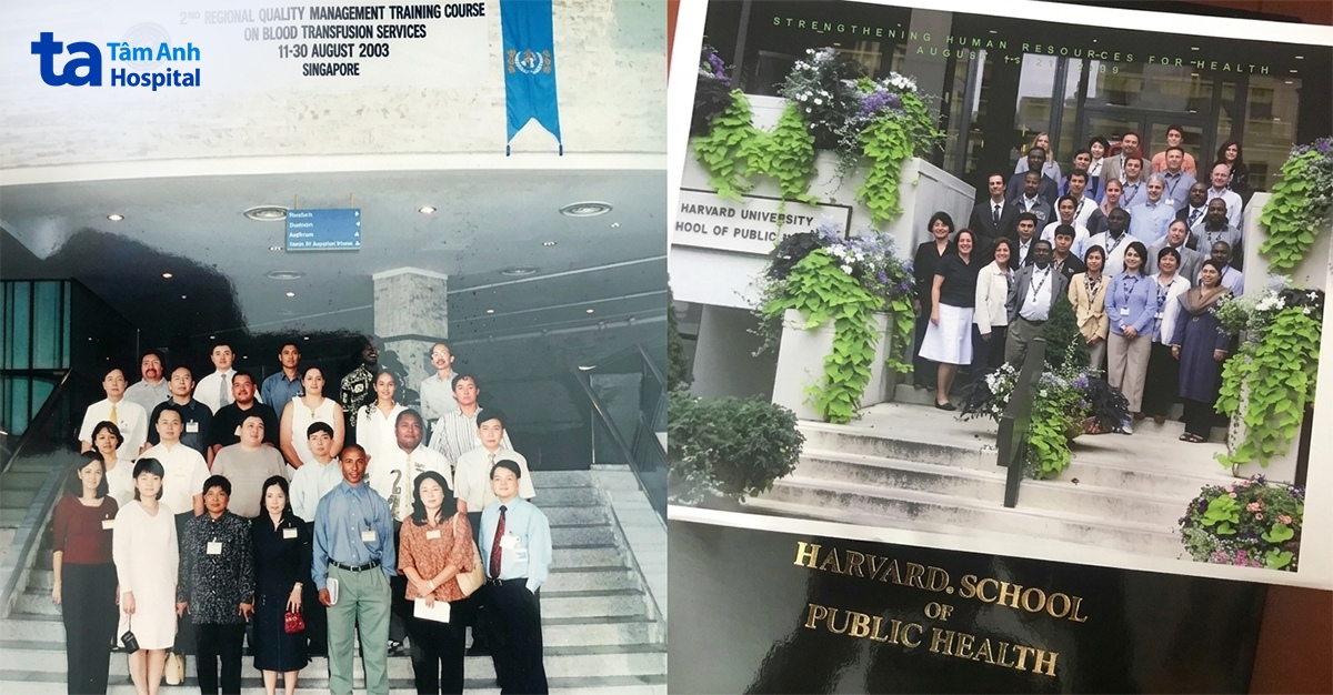 Năm 2003 - 2004, Chính phủ thành lập các Trung tâm truyền máu an toàn quốc gia. Bác sĩ Tùng tham gia các khóa huấn luyện về Quản lý dịch vụ truyền máu tại Singapore (trái) và Quản lý nguồn nhân lực tại Mỹ (phải).