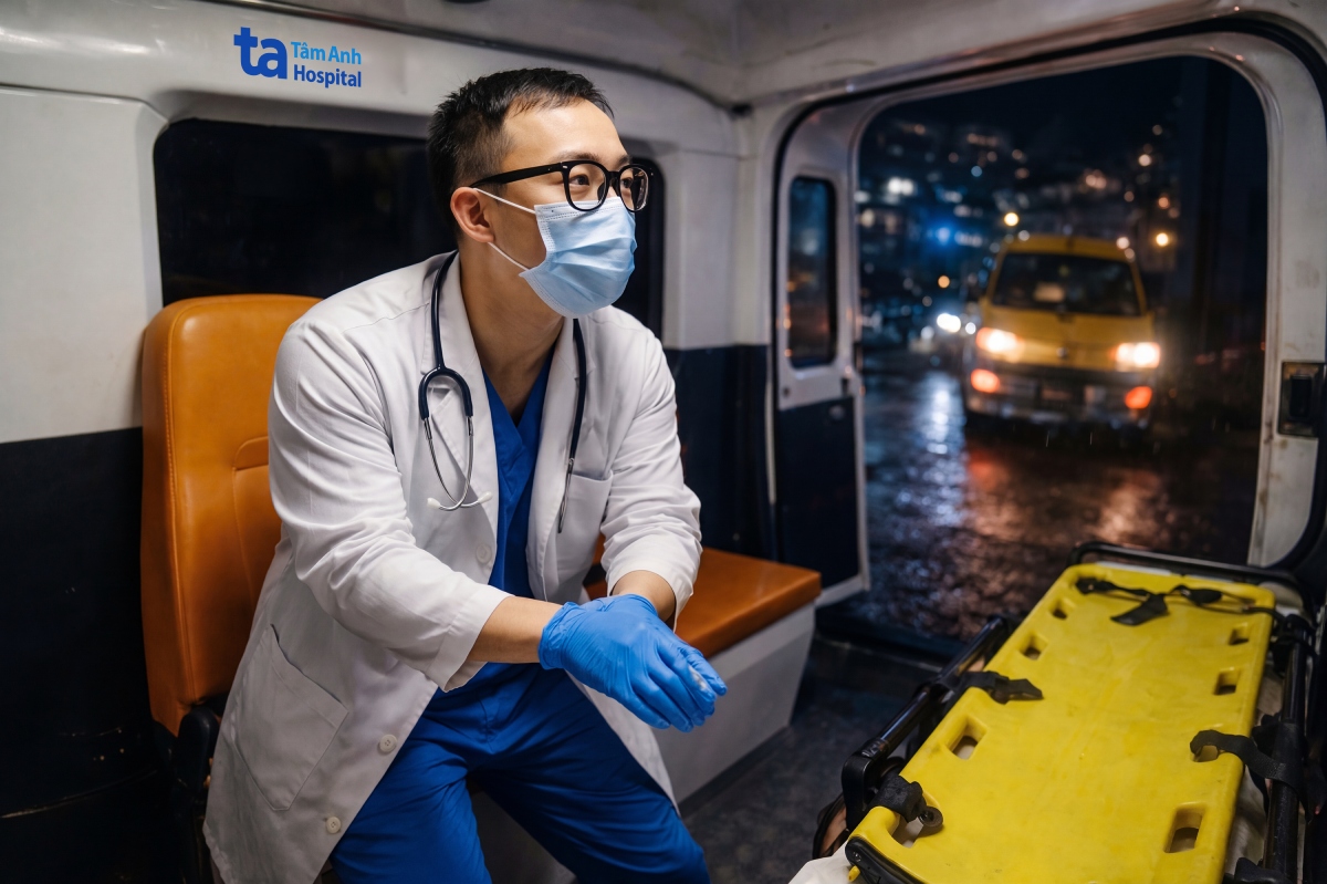 BS.CKI Lê Đức Hùng di chuyển lên xe cấp cứu đến nhà thai phụ cấp cứu đẻ rơi. Ảnh: Bác sĩ cung cấp.