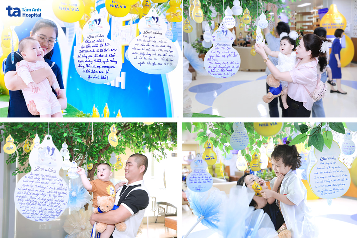 Các gia đình tham gia Cây Nhả Vía Bầu Vàng tại Ngày hội IVF Tâm Anh và gửi lời chúc cho các cặp vợ chồng hiếm muộn