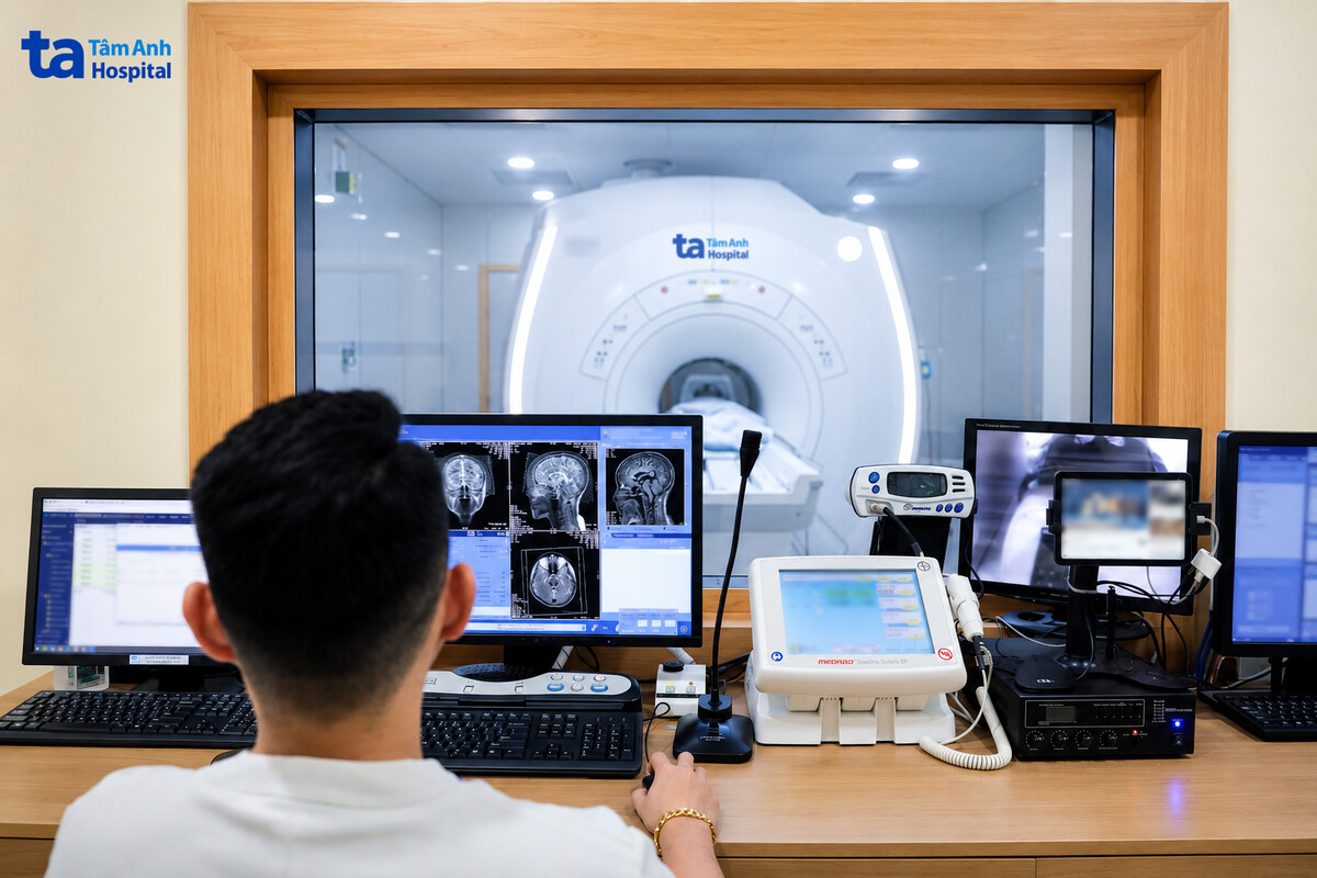 Người bệnh được kiểm tra vùng não bằng máy chụp cộng hưởng