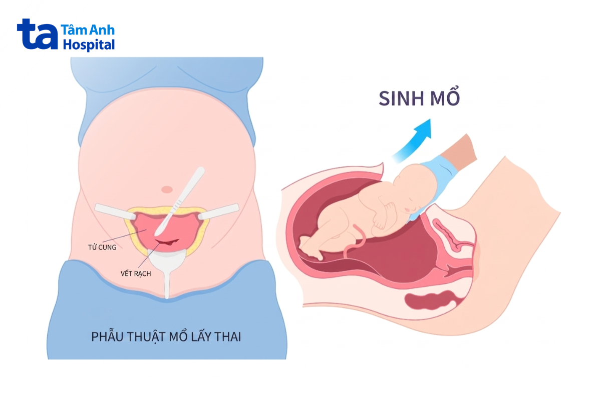 Minh họa phẫu thuật sinh mổ trong cấp cứu sản khoa