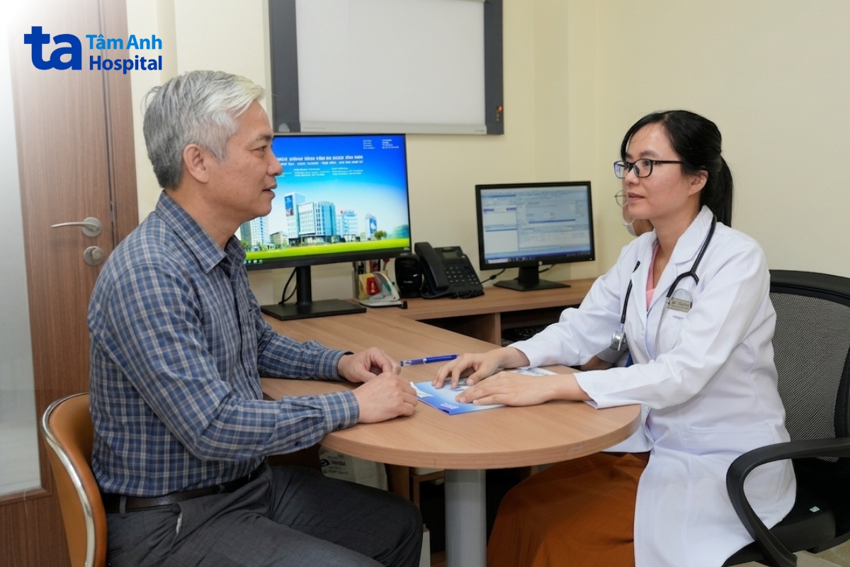 bác sĩ khoa nội tiết - đái tháo đường đang hướng dẫn khách hàng các lưu ý trước khi xét nghiệm đường huyết