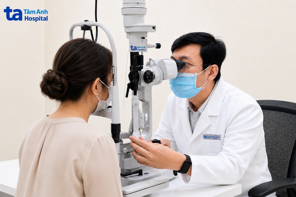 Bác sĩ Tùng kiểm tra mắt cho chị Vân. Ảnh: Bệnh viện Đa khoa Tâm Anh