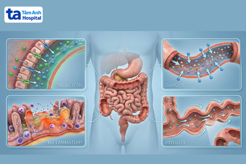 Minh họa 4 cơ chế bệnh sinh tiêu chảy cấp