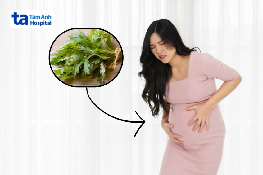 Minh họa lợi ích và rủi ro khi bà bầu ăn ngải cứu.