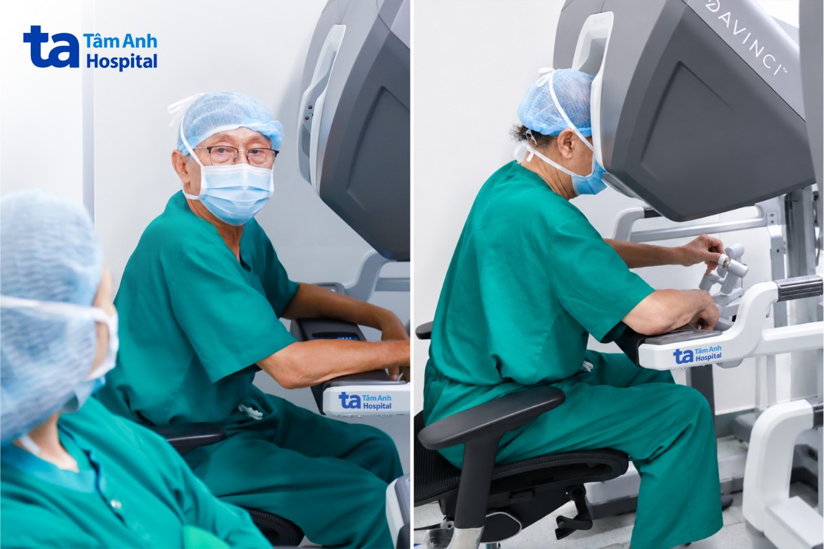 bác sĩ đang phẫu thuật bằng robot da vinci xi dual console