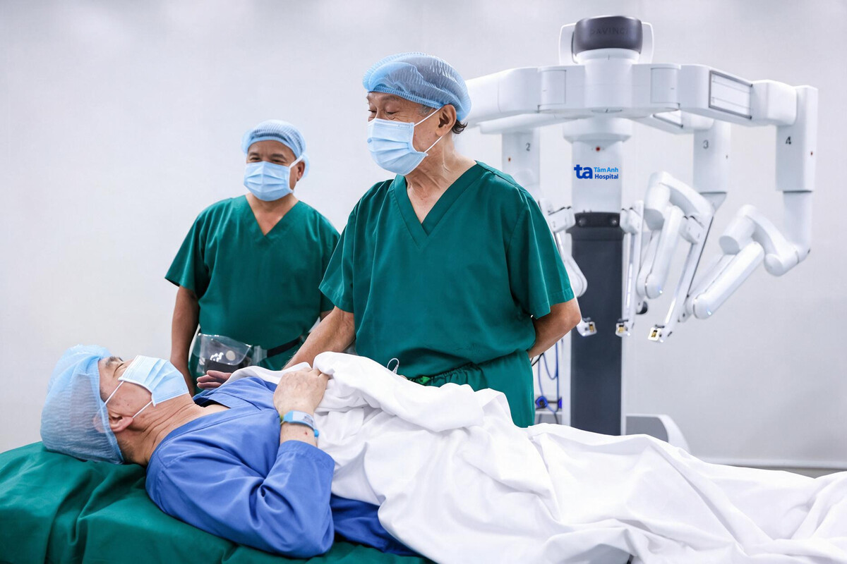 bác sĩ thăm khám trước phẫu thuật robot da vinci