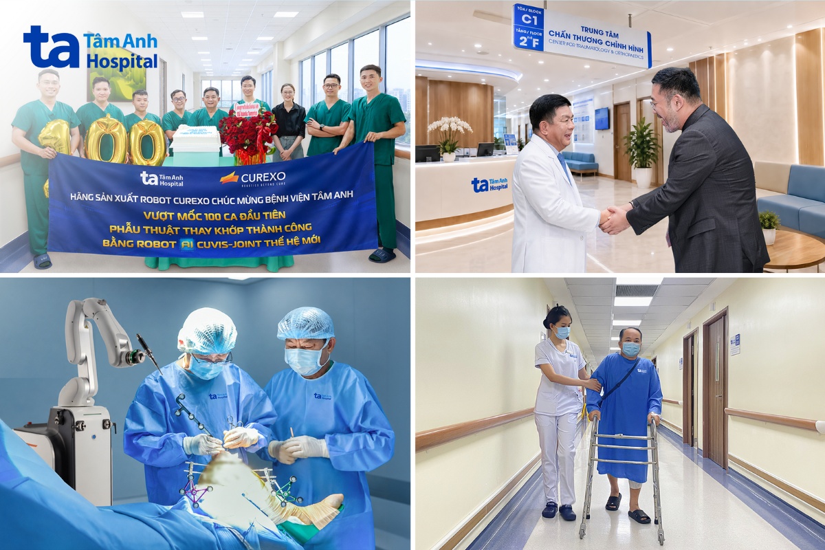 Ông Cho Young Jean (ảnh trên, phải) chúc mừng TTƯT.TS.BS Lê Văn Tuấn cùng các bác sĩ Bệnh viện Tâm Anh vượt mốc 100 ca thay khớp bằng robot AI CUVIS-Joint thế hệ mới.