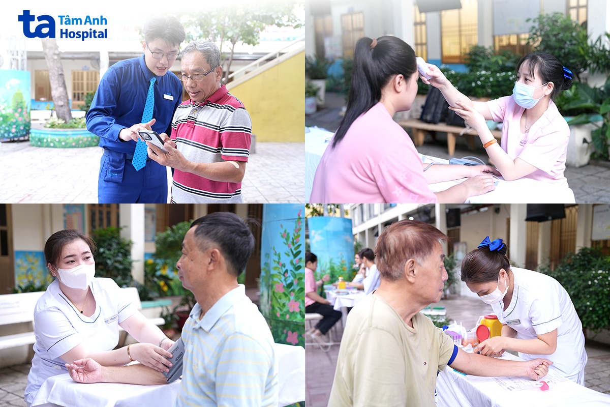 Đội ngũ nhân viên y tế Bệnh viện Đa khoa Tâm Anh TP.HCM tận tình hỗ trợ, đo huyết áp, lấy mẫu xét nghiệm và hướng dẫn mọi người tại điểm thăm khám