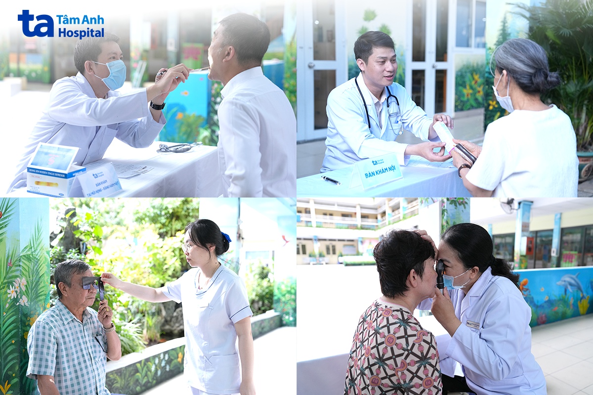 Đội ngũ y bác sĩ Tâm Anh chuyên khoa thăm khám kỹ lưỡng nhằm phát hiện sớm các nguy cơ sức khỏe và tư vấn chăm sóc toàn diện cho người dân